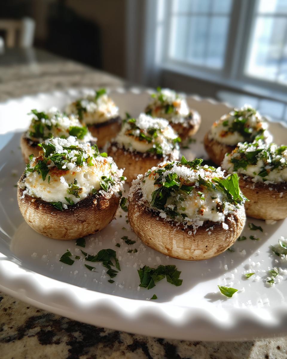 A plate of freshly baked stuffed mushrooms recipe, topped with white cheese and fresh green parsley.