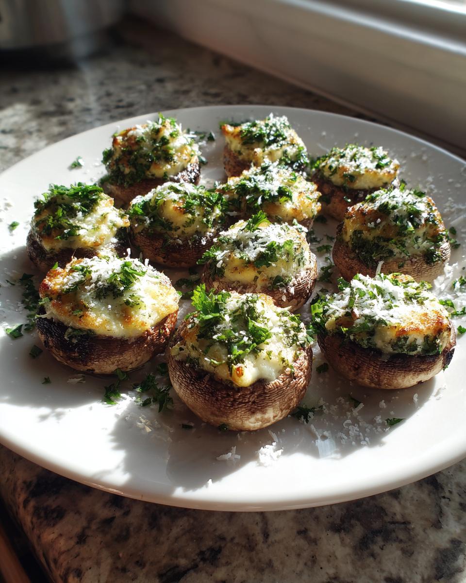 A white plate holding nine baked stuffed mushrooms recipe appetizers, topped with melted cheese and fresh parsley.