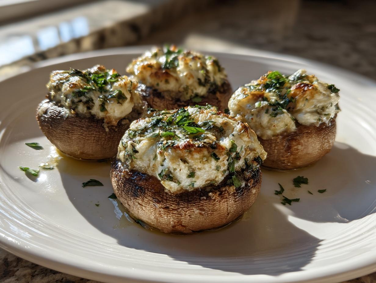 Four perfectly baked stuffed mushrooms recipe appetizers topped with creamy cheese and fresh parsley on a white plate.