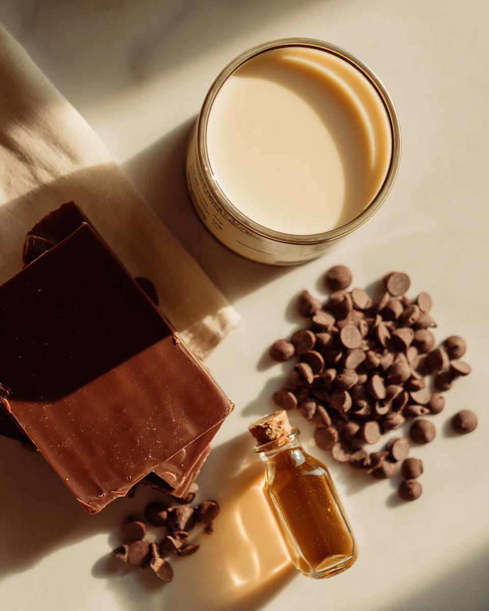 Ingredients for easy fudge: dark chocolate bars, chocolate chips, condensed milk, and vanilla extract.