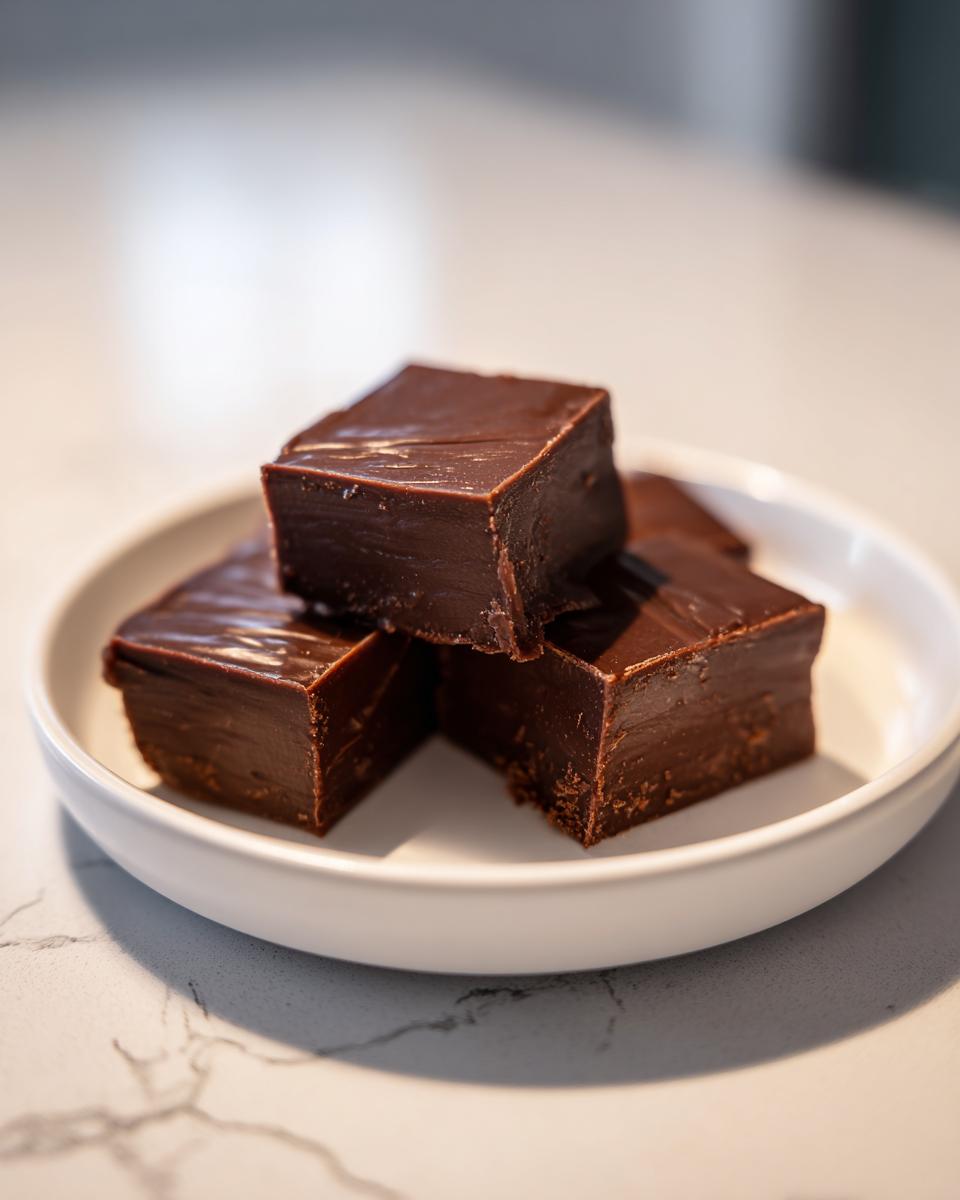 Close-up of rich, dark chocolate fudge squares stacked in a white bowl.