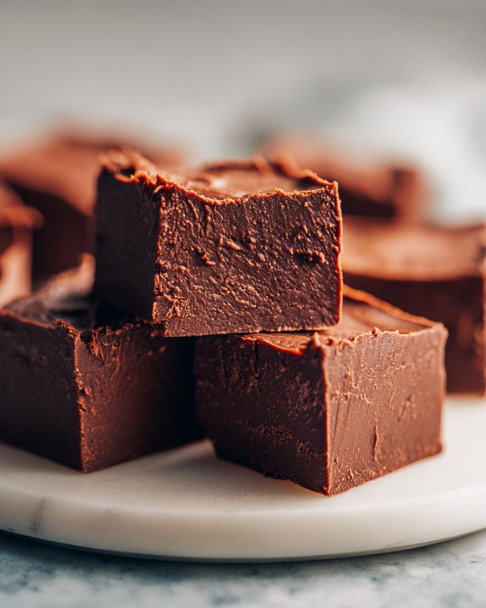 Close-up of rich, dark chocolate fudge squares stacked on a white marble surface, highlighting the smooth texture of the fudge.