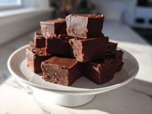 A stack of rich, dark chocolate fudge squares piled high on a white pedestal plate.