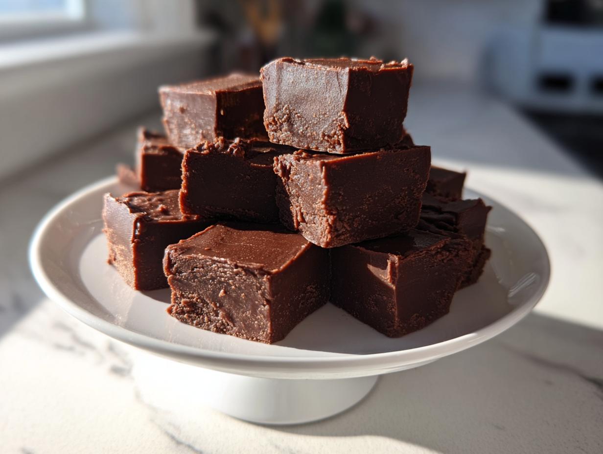 A stack of rich, dark chocolate fudge squares piled high on a white pedestal plate.
