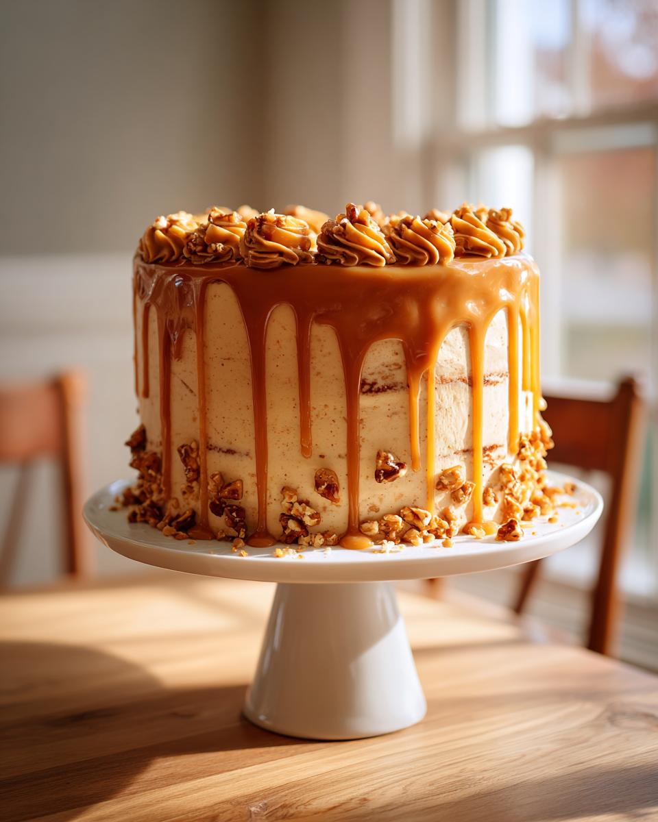 A beautiful three-layer caramel crunch cake with dripping caramel glaze and nut pieces on a white pedestal stand.