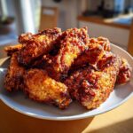 A plate piled high with perfectly cooked, crispy chicken wings featuring a deep golden-brown, textured coating.