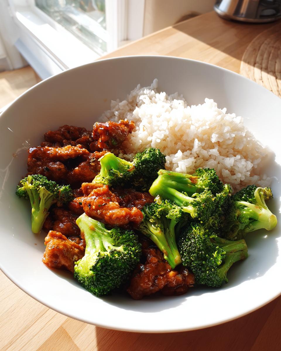 A white bowl filled with saucy chicken and broccoli mixed together, served alongside a mound of white rice.