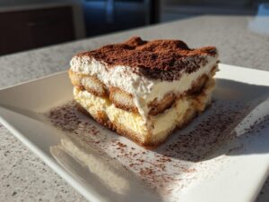 A single, layered slice of delicious tiramisu recipe dusted heavily with cocoa powder on a white plate.