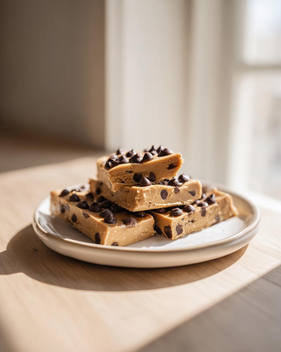A stack of homemade, no-bake chocolate chip protein bars on a small plate.