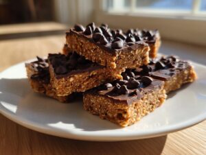A stack of homemade, no-bake protein bars topped with melted chocolate and mini chocolate chips.