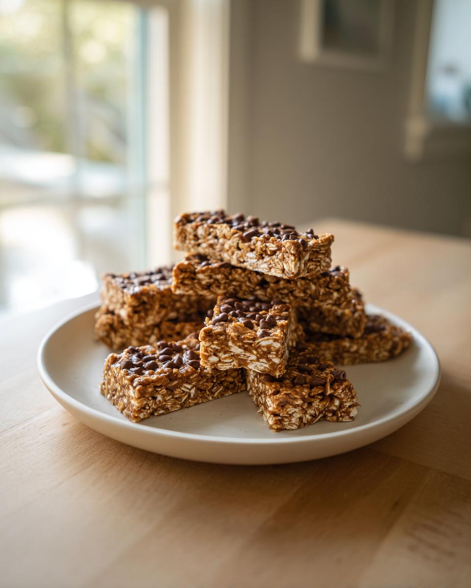 A stack of homemade, chewy protein bars topped with mini chocolate chips resting on a light plate.