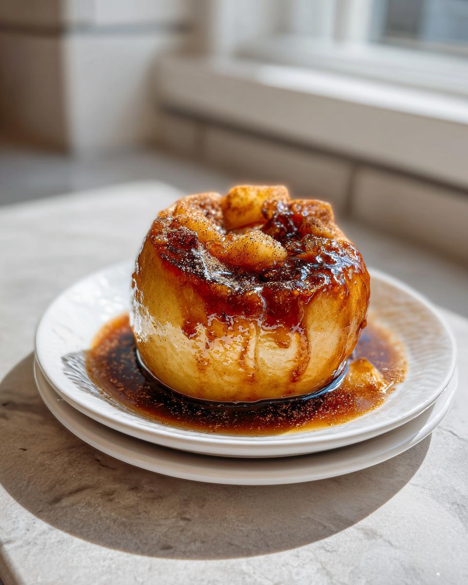 A single, glistening baked apples dessert served on white plates, covered in rich caramel sauce and cinnamon.