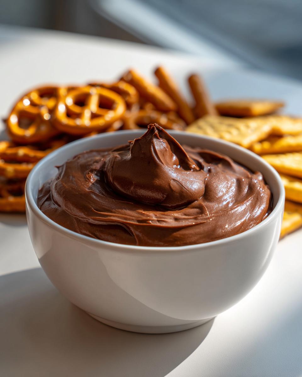 A close-up of a white bowl filled with thick, creamy chocolate dip, served with pretzels and crackers.