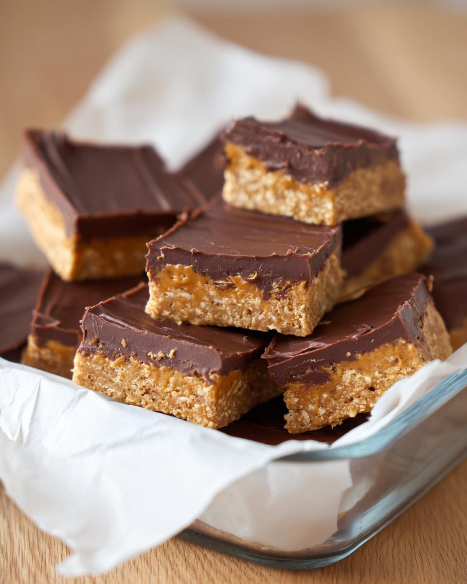 A stack of freshly cut peanut butter bars with a thick chocolate topping, resting in a glass dish.