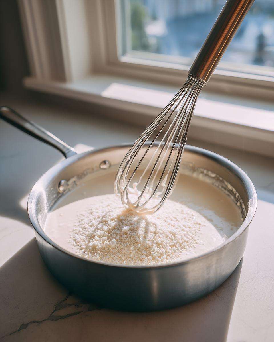A whisk is incorporating grated cheese into a creamy base in a stainless steel pan while making homemade alfredo sauce.