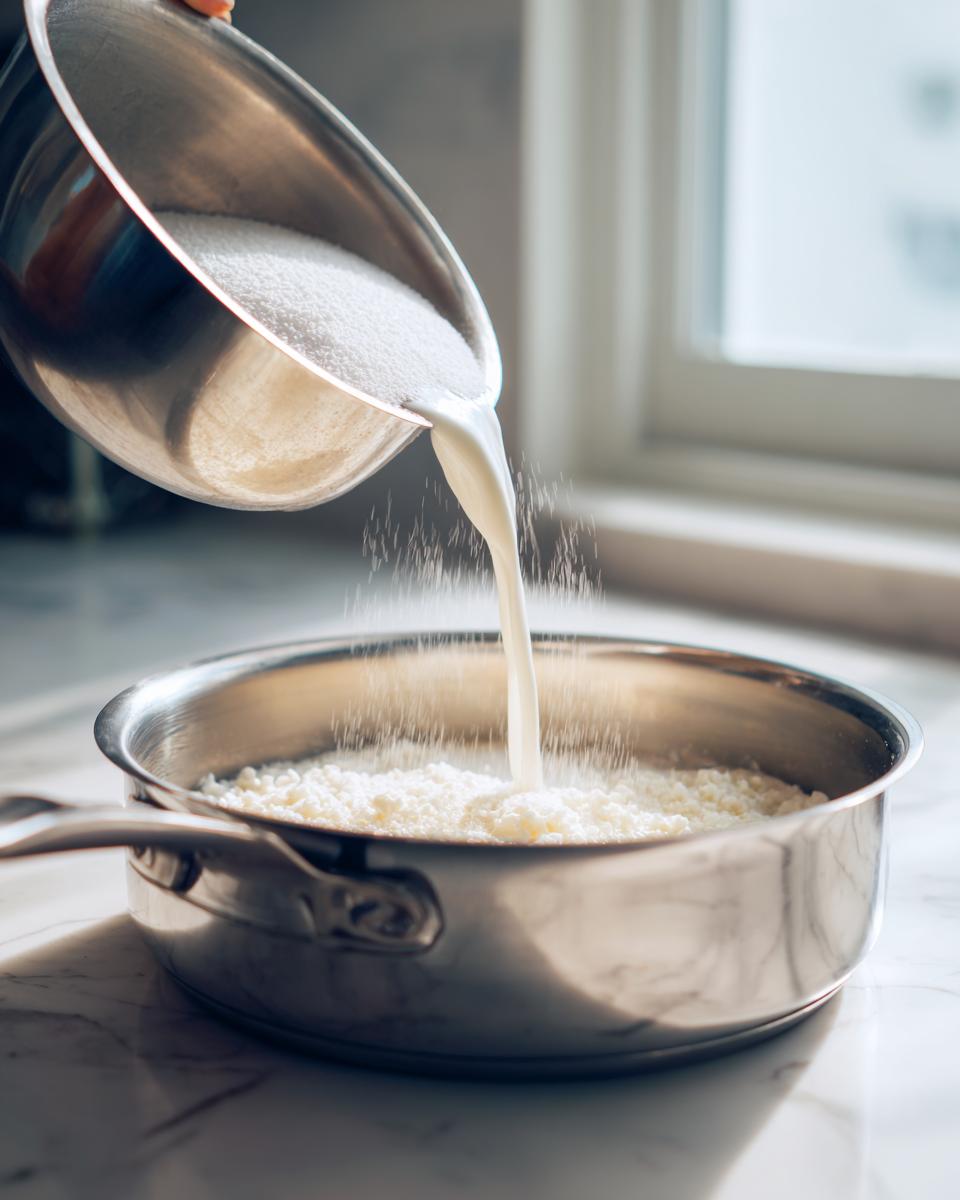 Pouring milk and sugar from a metal bowl over rice in a saucepan while making creamy rice pudding.
