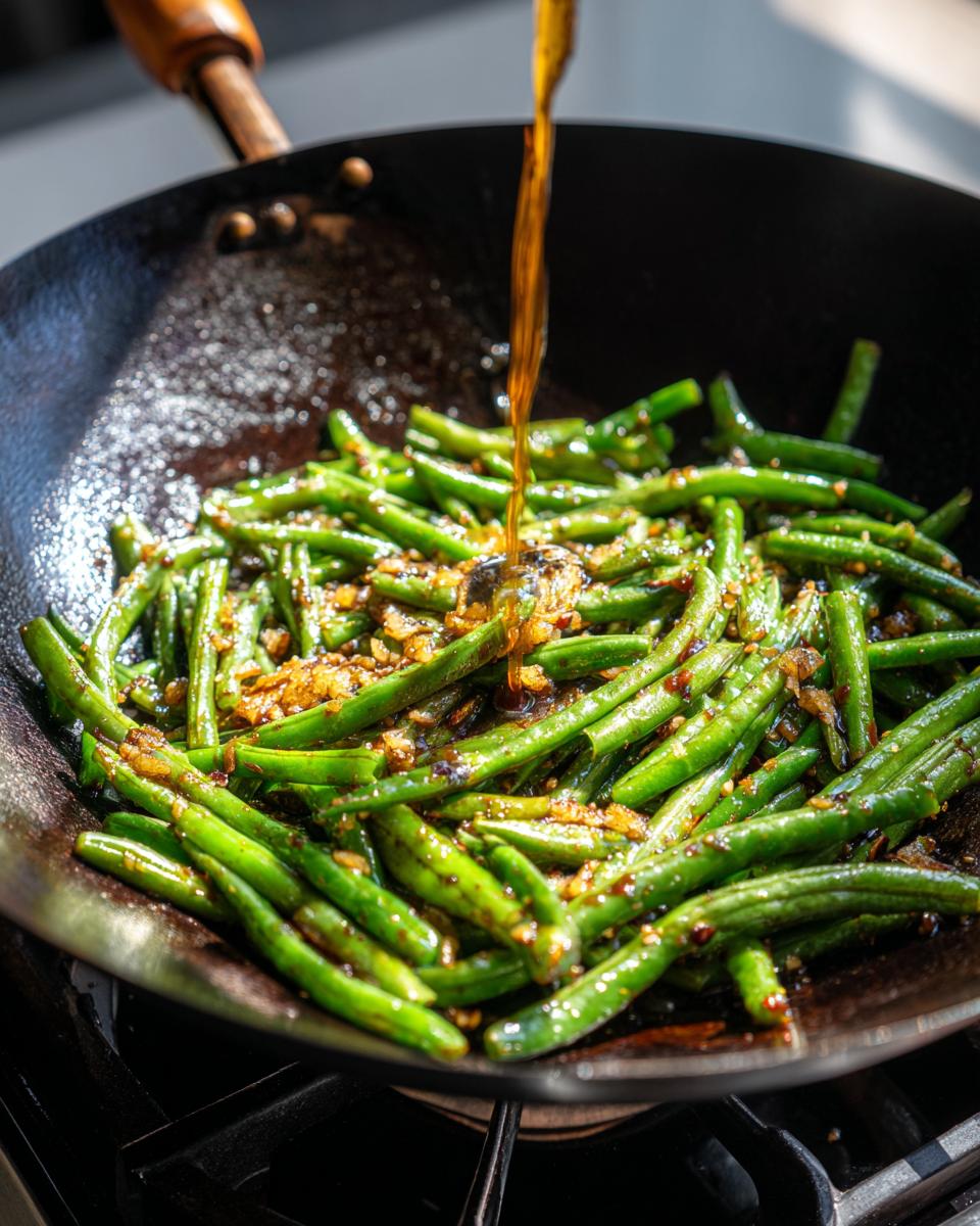 Pouring sauce over bright green beans cooking with garlic in a wok for chinese green beans with garlic sauce.