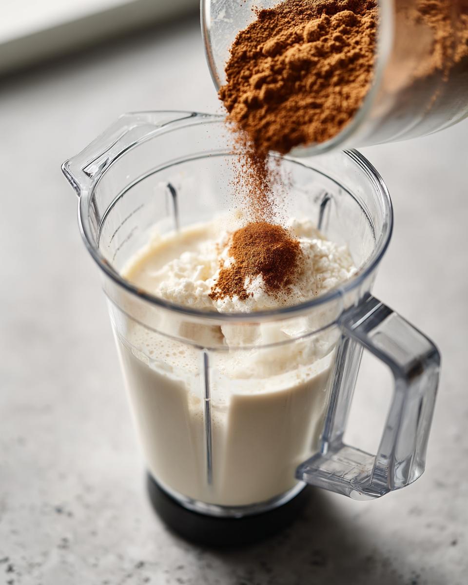 Adding cinnamon powder to the creamy mixture in a blender while making coquito.