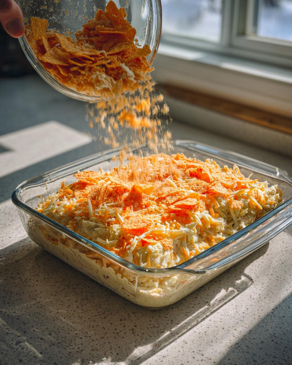 A hand pours crushed chips and shredded cheese over an unbaked Dorito Casserole in a clear glass baking dish.