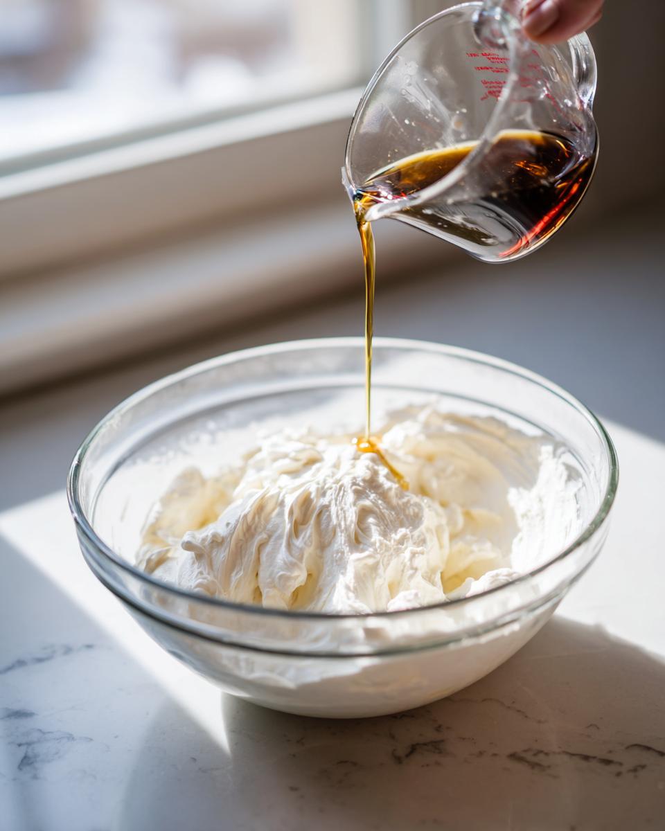 A hand pours dark liquid, likely vanilla, from a measuring cup into a bowl of whipped cream base for fruit dip.