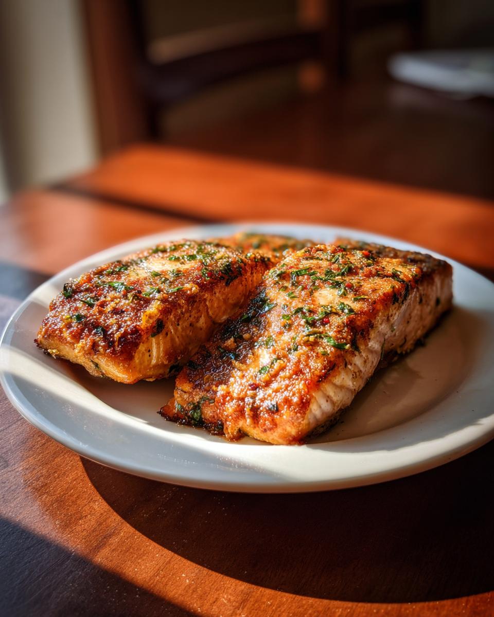 Three seasoned and perfectly cooked fillets of air fryer salmon resting on a white plate, highlighted by natural sunlight.