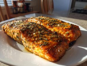 Two glistening, seasoned fillets of air fryer salmon resting on a white plate, beautifully browned.