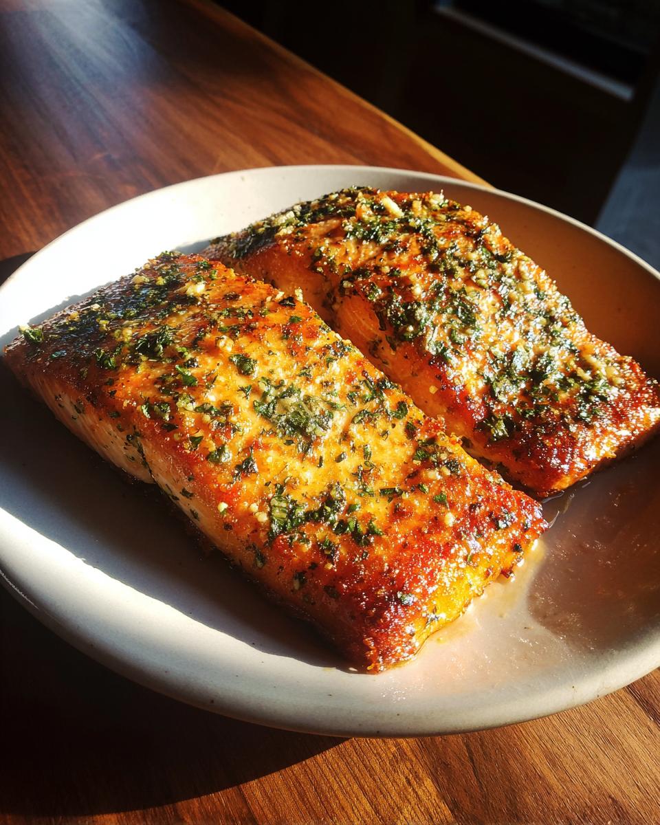 Two golden-brown fillets of air fryer salmon topped with minced garlic and fresh parsley served on a light plate.