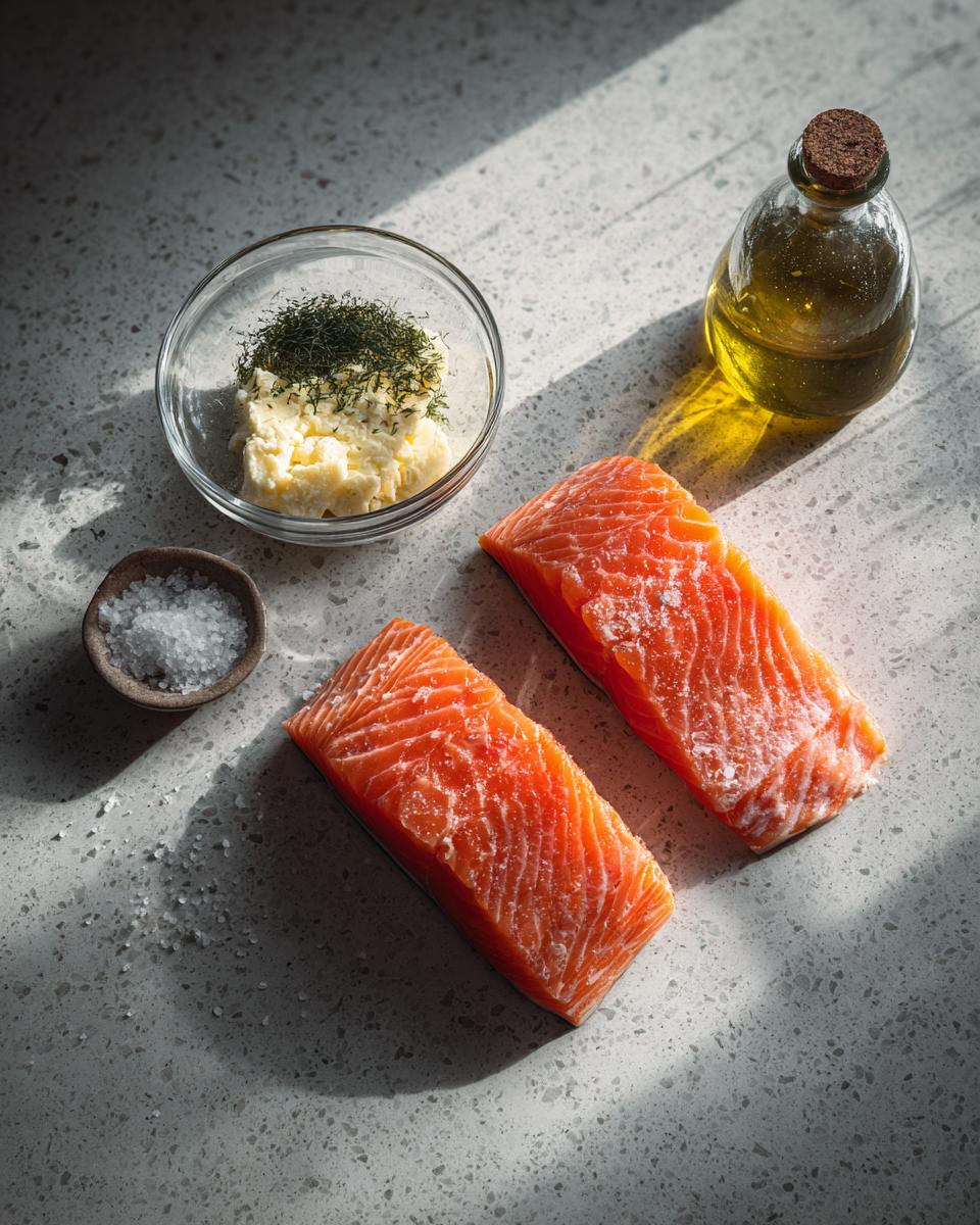 Two raw salmon fillets ready for seasoning, alongside butter with dill, olive oil, and coarse salt for making air fryer salmon.