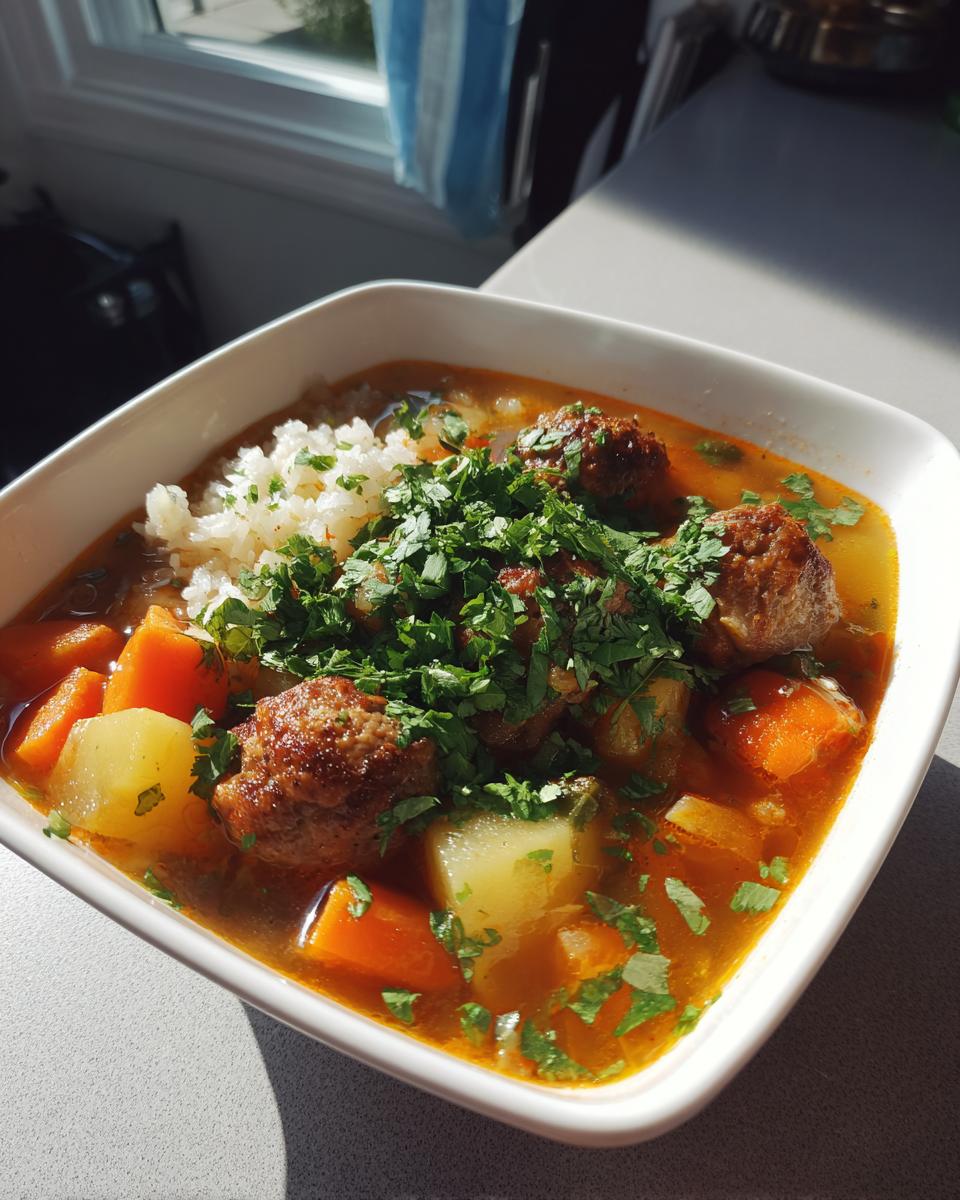 A close-up of a bowl of rich albondigas soup featuring meatballs, carrots, potatoes, and topped with rice and fresh cilantro.