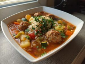 A close-up of a white bowl filled with rich albondigas soup, featuring meatballs, potatoes, carrots, zucchini, and topped with rice and fresh cilantro.