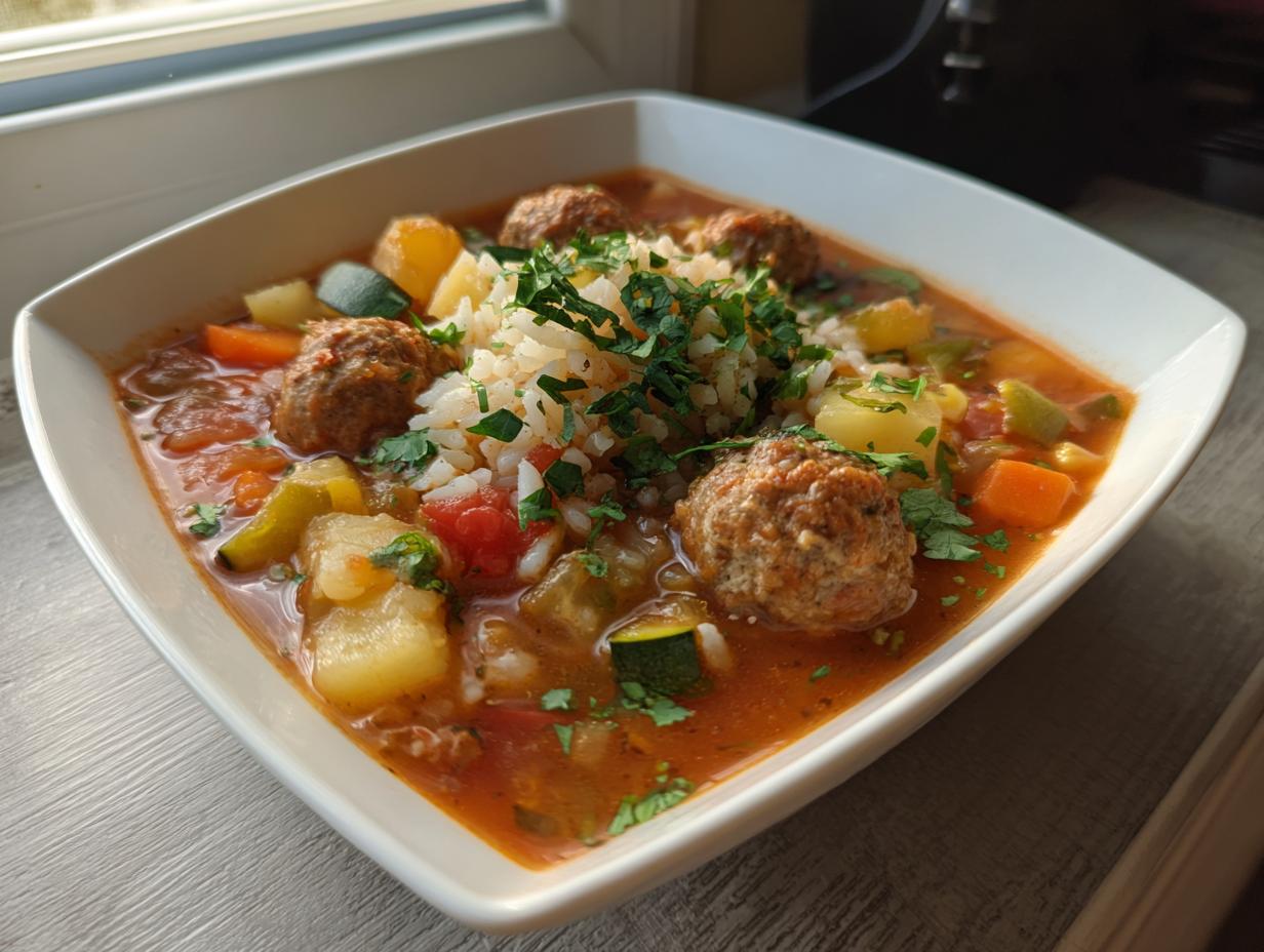 A close-up of a white bowl filled with rich albondigas soup, featuring meatballs, potatoes, carrots, zucchini, and topped with rice and fresh cilantro.