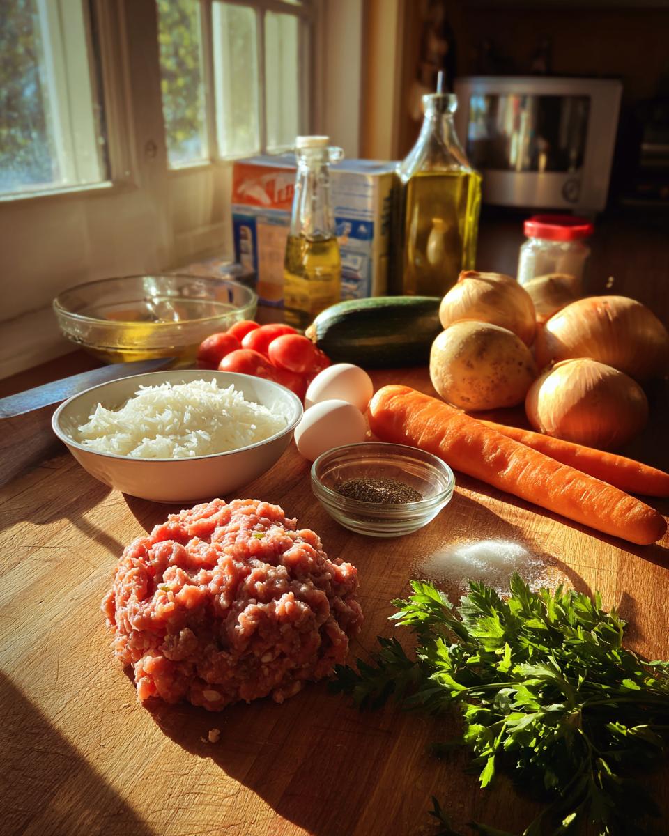 Mound of ground meat, rice, eggs, carrots, onions, and herbs ready for making albondigas soup.