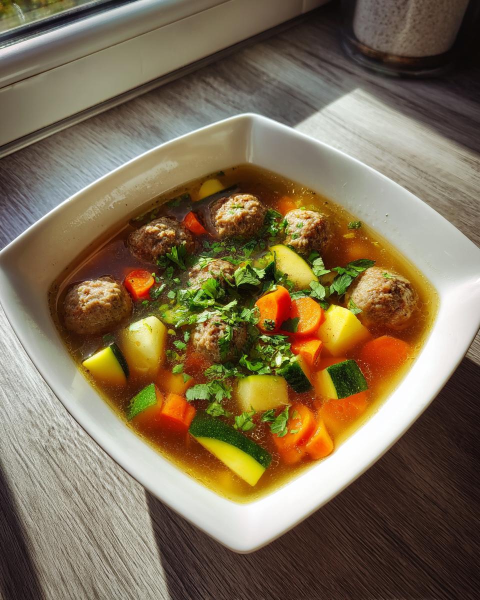 A white bowl filled with flavorful albondigas soup, featuring meatballs, carrots, zucchini, and fresh cilantro garnish.