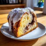 A close-up slice of moist King Cake with cinnamon swirl, white icing, and purple/yellow sprinkles.