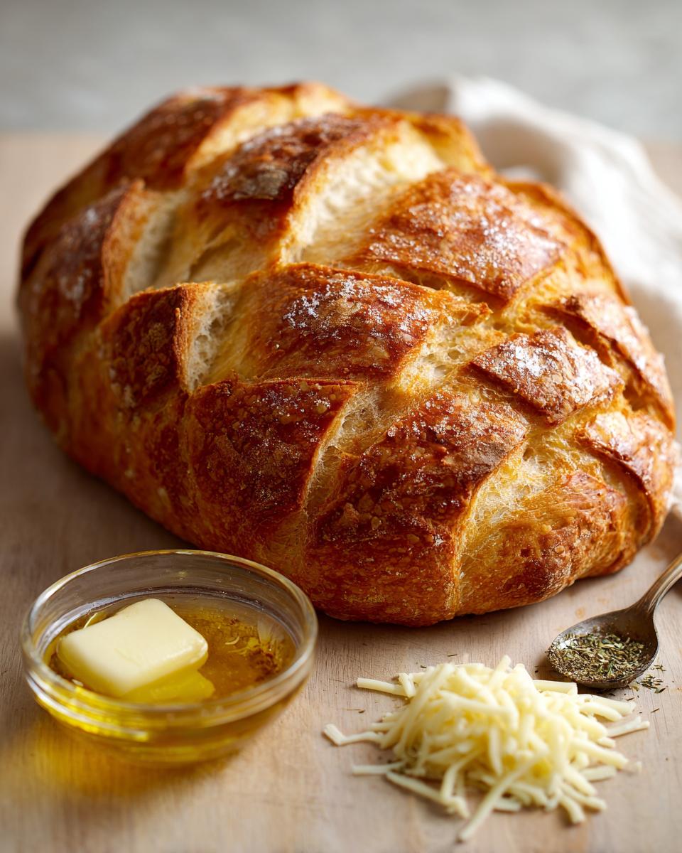 A golden-brown, scored loaf of bread sits next to ingredients for cheese bread: shredded cheese, melted butter/oil, and dried herbs.