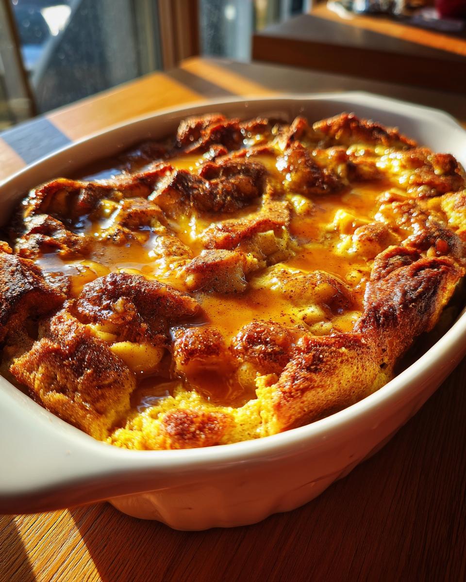 Close-up of a golden brown, baked apple bread pudding soaking in a rich, amber sauce in a white baking dish.