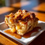 A close-up of a moist slice of apple bread pudding generously drizzled with rich caramel sauce.