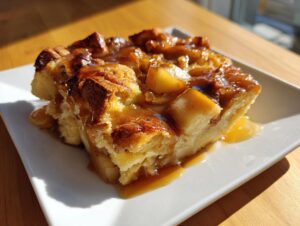 A close-up of a square serving of amazing apple bread pudding topped with chunks of baked apple and rich caramel sauce.