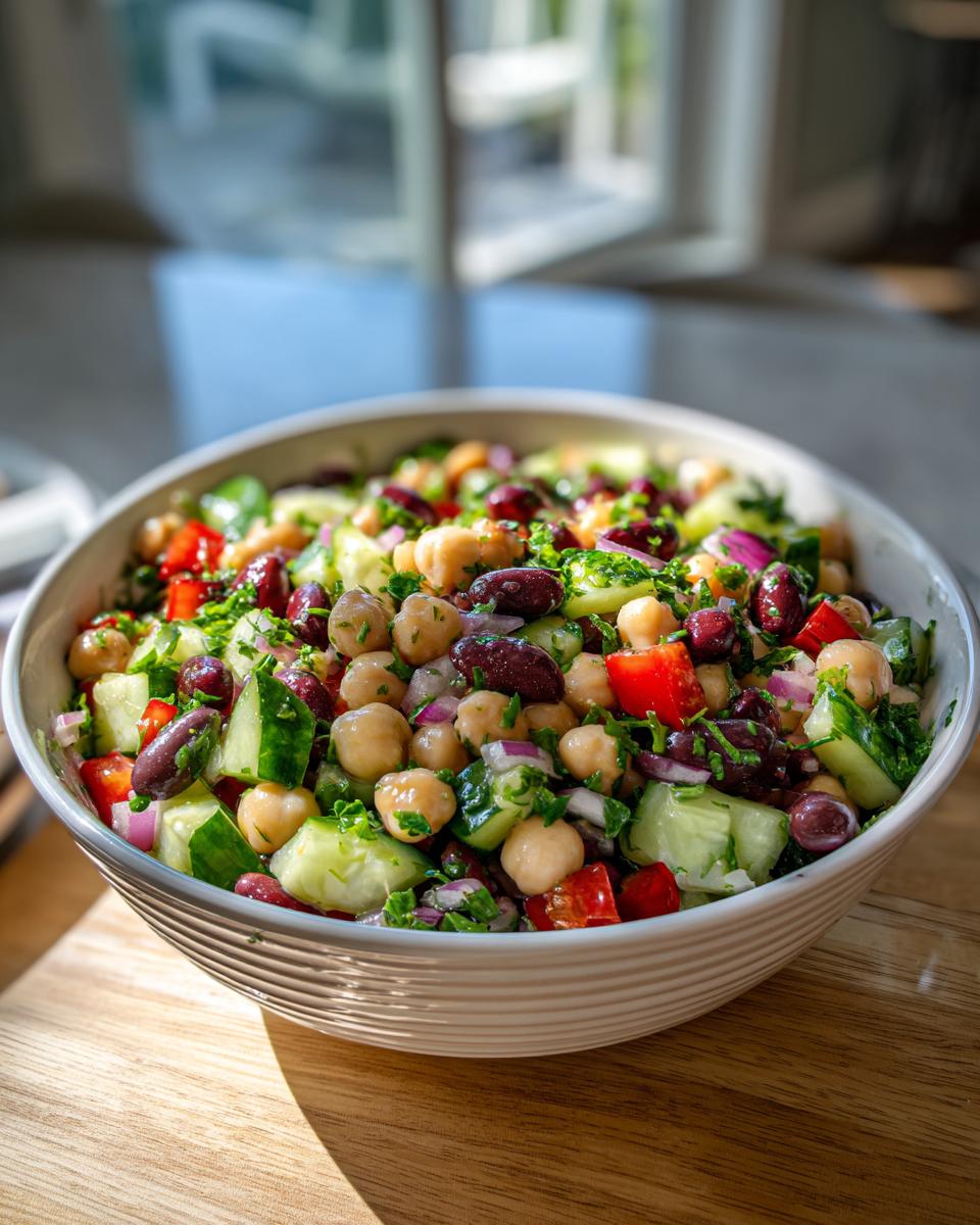 A vibrant bowl filled with colorful bean salad featuring chickpeas, kidney beans, cucumber, red onion, and peppers.
