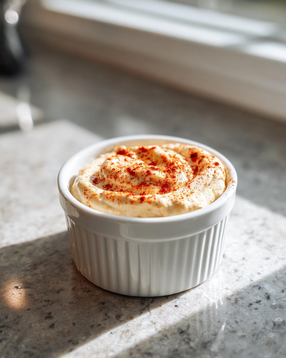 A small white ramekin filled with creamy, light orange burger sauce, dusted with red paprika.