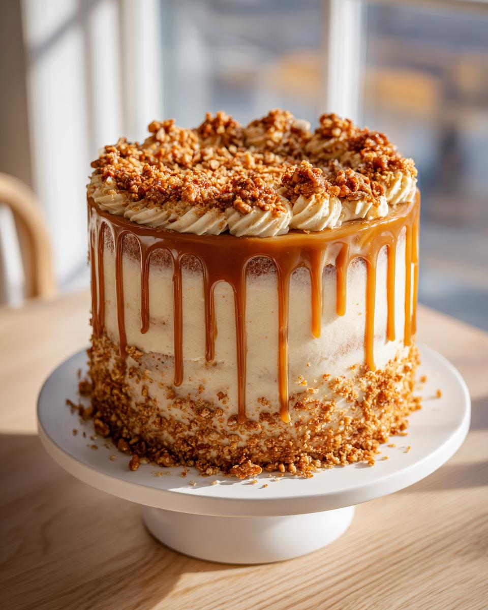 A beautiful three-layer caramel crunch cake featuring caramel drip, frosting swirls, and crunchy topping.