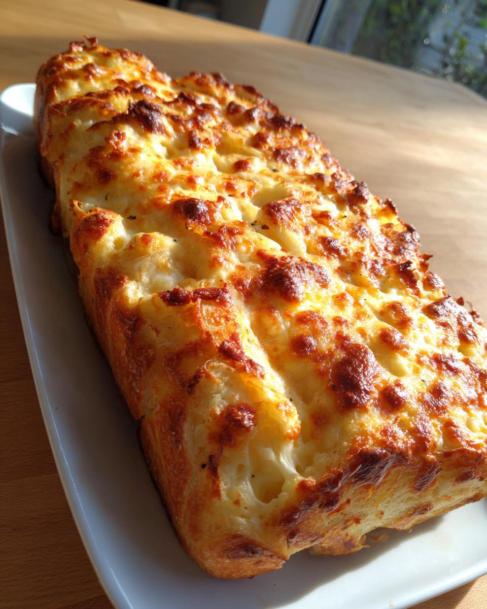 A freshly baked loaf of amazing cheese bread with a bubbly, golden-brown, and slightly charred cheesy top.