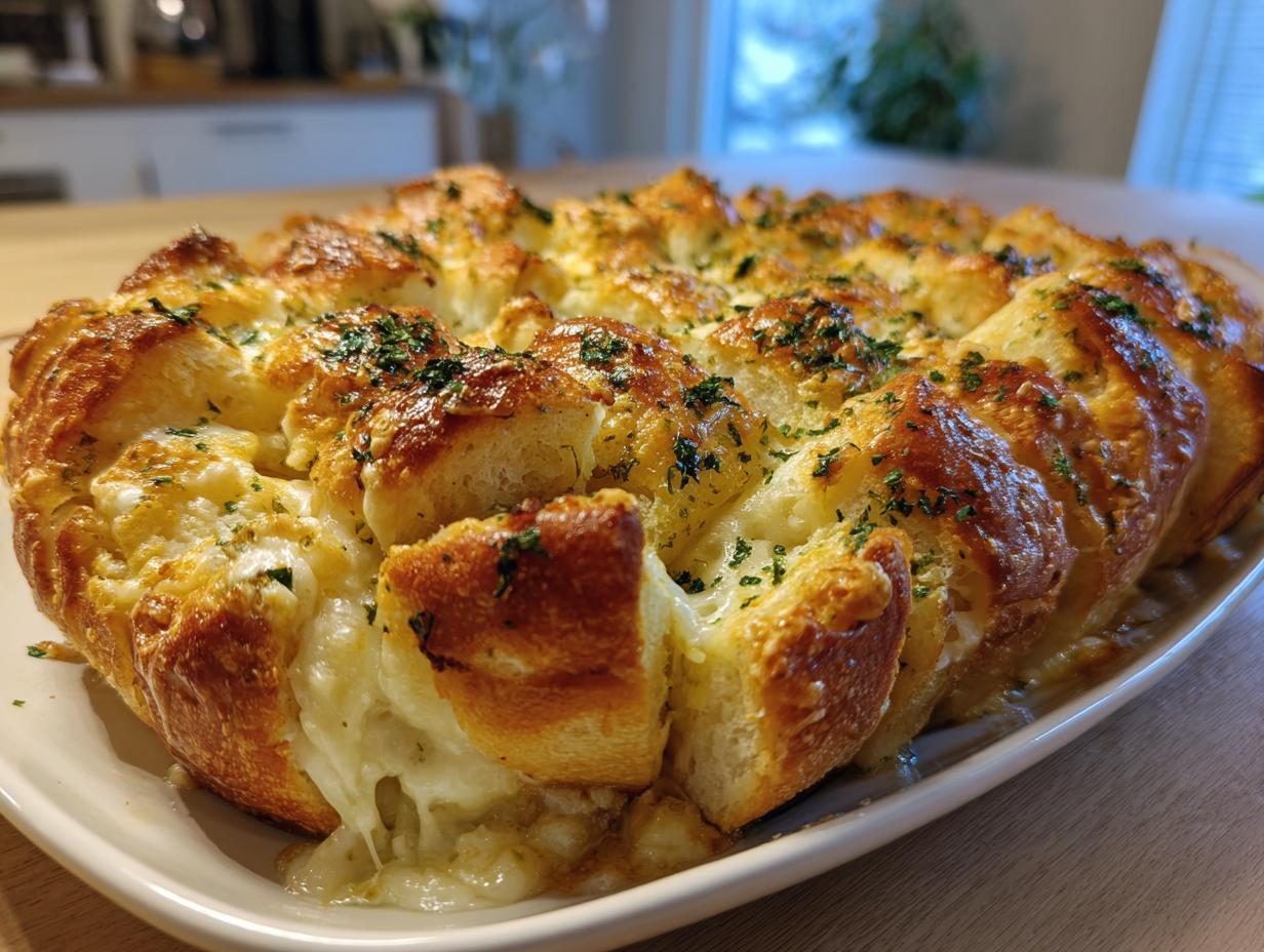 Close-up of a freshly baked, pull-apart cheese bread with melted cheese oozing out and sprinkled with parsley.