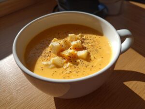 A close-up of a white mug filled with creamy orange cheese soup, topped with cheese cubes and black pepper.
