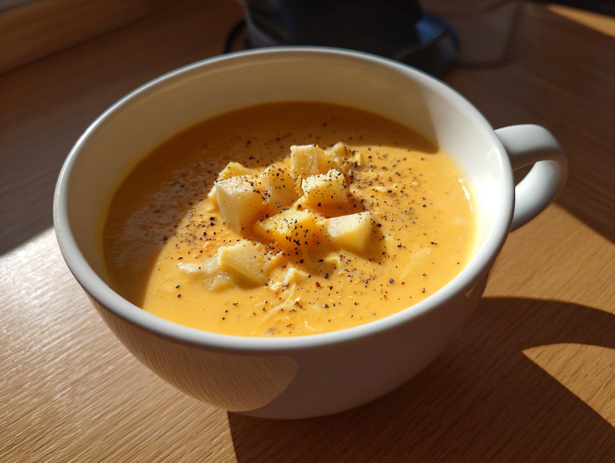 A close-up of a white mug filled with creamy orange cheese soup, topped with cheese cubes and black pepper.