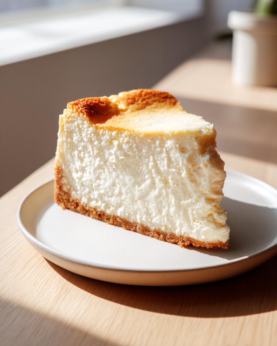 A thick, creamy slice of baked cheesecake recipe with a golden-brown top and graham cracker crust on a white plate.
