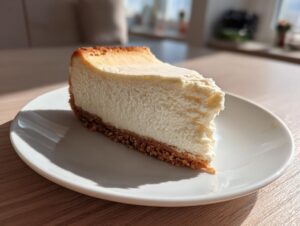 A thick, creamy slice of baked cheesecake with a graham cracker crust on a white plate.