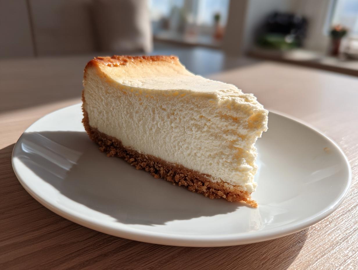 A thick, creamy slice of baked cheesecake with a graham cracker crust on a white plate.