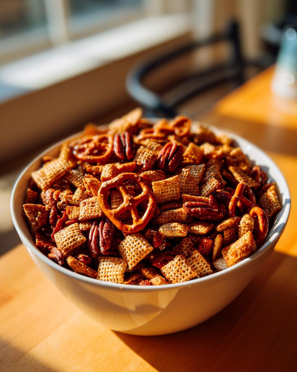 A close-up of a white bowl filled with homemade chex party mix, featuring cereal squares, pretzels, and pecans, bathed in sunlight.