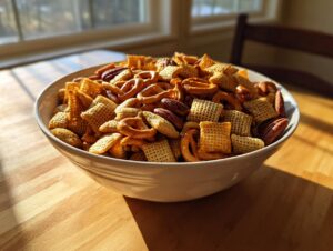 A large white bowl filled with homemade chex party mix, featuring cereal squares, pretzels, and pecans, sitting on a sunlit wooden table.